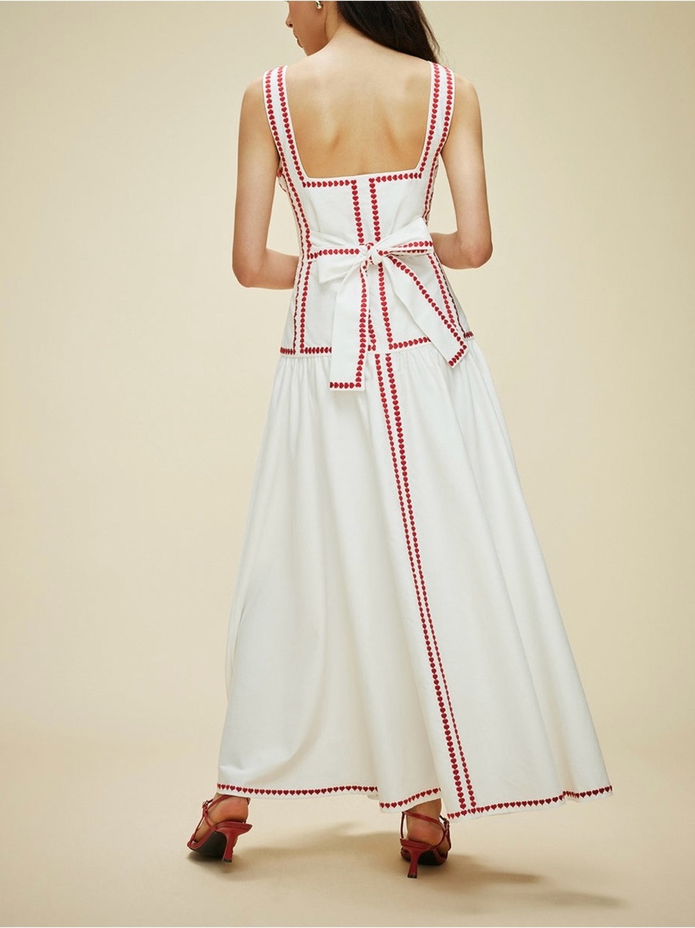 NWT Commense White Red Trim Maxi Dress Tie Back Cotton Vacation Dress Size M - Picture 2 of 13